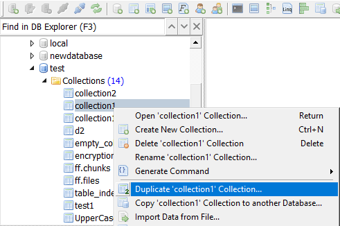 DB Explorer: Duplicate Collection tool